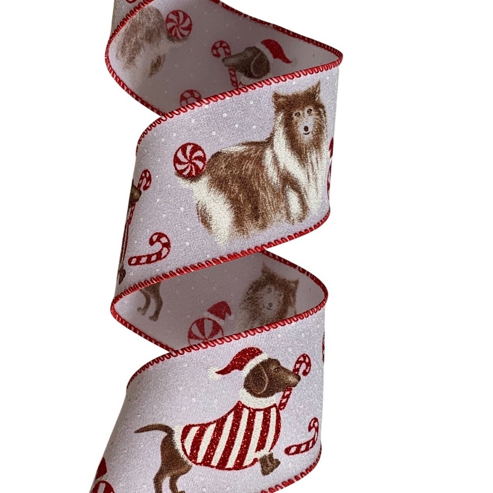 Red Shed Wired Ribbon Christmas Dog Theme Dachshund Collie NOS NWT‎